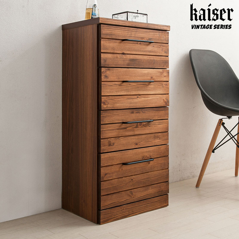 樂天商城 - 【Kaiser】天然木スリムチェスト　幅40 奥行31.5　西海岸インテリア　ブラウン パイン　おしゃれ オシャレ FAX台 ファックス台 ヴィンテージ 薄型　収納　引出しフルスライドレール 完成品 すきま 幅40 4段 ローチェスト タンス 大川家具 モダン 北欧 日本製