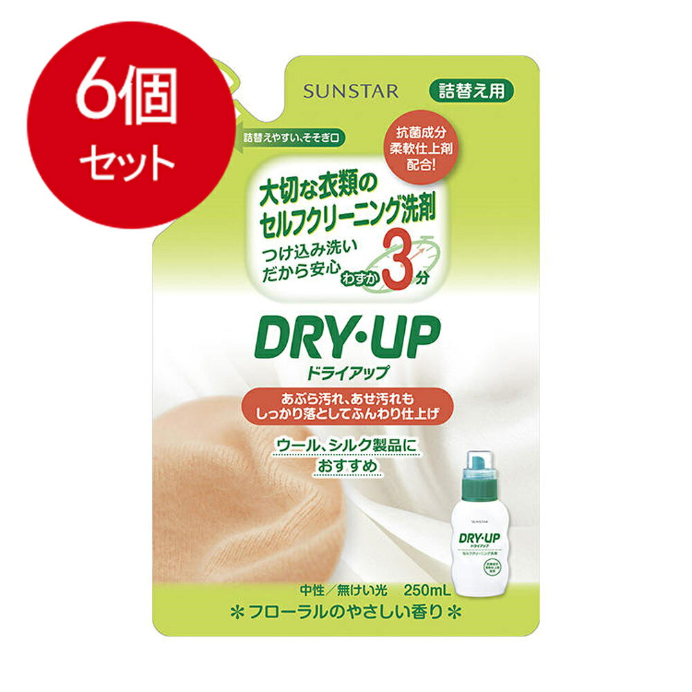 【発売元:サンスター】つけ込み洗いだから安心!大事な衣類がご家庭で簡単に洗えるドライアップ!ドライマーク衣料をたった3分のつけ込み洗いで、簡単にご家庭で洗うことができます。柔軟剤配合で仕上がりも良く、抗菌剤配合で雑菌の繁殖を抑えて、ニオイの発生を防ぎます。※ドライマーク衣料の中でも洗えないものもあります。●洗浄増強剤配合で、口紅等の油汚れ、ドライクリーニングでは落ちにくい汗染み等、たった3分つけ込むだけで洗い落とせます。●柔軟仕上剤配合なので衣類の風合いを保ち、ふんわり仕上げます。●抗菌成分配合で室内干し、陰干しでもニオイの元となる雑菌の繁殖を防ぎ、ニオイを抑えます。●ほのかに香るフローラル調の優しい香りです。●詰替え用個装サイズ:120X180X60mm個装重量:約260g内容量:250mL製造国:日本【用途】毛、絹、アセテート、綿、麻、合成繊維用【液性】中性【成分】界面活性剤(27% ポリオキシエチレンアルキルエーテル、ジアルキルメチコンアンモニウム塩)、洗浄増強剤(グリコールエーテル)、抗菌剤【使用量の目安】水30Lに対して30mL(キャップ30mLの線まで)【ボトルへの詰替え方】(1)注ぎ口の切り方　注ぎ口部分をしっかり持ち、矢印にそって切ってください。ハサミで切る場合も矢印にそって切ってください。※パックを強く持って切ると、液が飛び出すことがありますのでご注意ください。(2)注ぎ方　ボトルの緑色のキャップをはずします。注ぎ口をボトルの口にしっかりと差し込み、ゆっくりと中身をボトルに注ぎ入れてください。【ご注意】・必ずドライアップ300mLの本体容器に詰替えてください。・他の製品や水を混ぜないでください。【使用上の注意】・幼児のシャボン玉遊びやいたずらに注意し、手の届くところに置かないでください。・使用後は手を水でよく洗い、クリームなどのお手入れをおすすめします。・荒れ性の方や長時間お使いになる場合、また原液でお使いになるときは、炊事用手袋をご使用ください。・上記の用途以外には使用しないでください。【応急処置】・万一飲み込んだ場合は、水を飲ませるなどの処置をしてください。・目に入った場合は、こすらずに水で十分洗い流してください。いずれの場合も異常があるときは医師にご相談ください。ブランド：サンスター産地：日本区分：洗濯関連広告文責:創創株式会社　TEL:0368769219