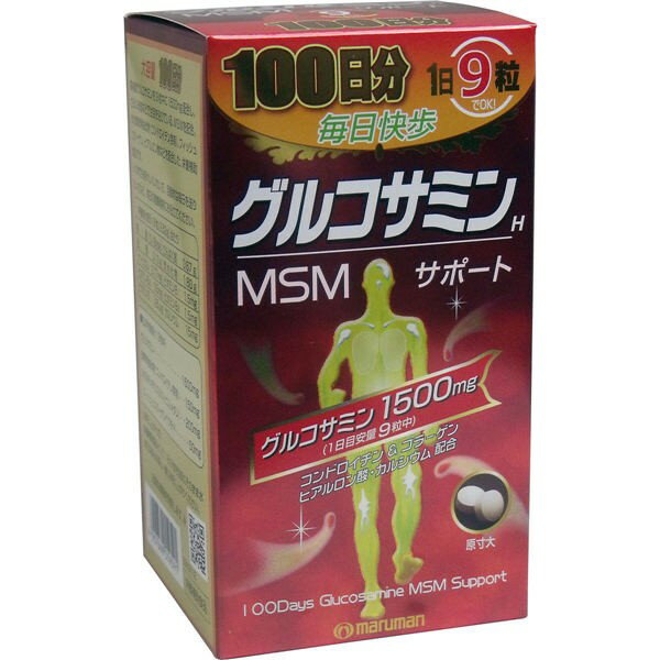 【発売元:マルマン】グルコサミン1500mg(1日目安量9粒中)配合!100日分、毎日快歩!(1日9粒でOK!)高純度グルコサミンを9粒中に1500mg配合し、さらに米国などで注目を浴びている、MSM(メチルスルフォニルメタン)を配合!・鮫軟骨抽出物(コンドロイチン含有)、フィッシュコラーゲン、ヒアルロン酸、カルシウムなどを配合した、栄養補助食品です。・いつまでも若々しくいたい方、活動的な毎日を送りたい方など、毎日の健康維持にお役立てください。個装サイズ:80X145X80mm個装重量:約550g内容量:252g(280mgX900粒)【原材料名】グルコサミン塩酸塩、MSM(メチルスルフォニルメタン)、サメ軟骨抽出物、硬化菜種油、ドロマイト、フィッシュコラーゲンペプチド、ヒアルロン酸、セルロース、微粒二酸化ケイ素、ステアリン酸Ca、酸味料、V.B1、V.B6、V.B2、V.D、　(原材料の一部にエビ、カニ、ゼラチンを含む)【保存方法】直射日光や湿気の多いところを避け、涼しいところに保存してください。【ご利用上の注意】・本品は、自然原料を使用しているため、粒の色が若干変わることがありますが、品質には影響ありません。・開封後はなるべく早くお召し上がりください。・乳幼児の手の届かないところに保管してください。・体質や体調によって、まれに体に合わない場合があります。その場合は摂取を中止してください。・授乳・妊娠中の方、乳幼児および小児は摂取をお控えください。・療中の方は主治医にご相談ください。・食品によるアレルギーが認められる方は原材料名をご確認ください。・食生活は、主食、主菜、副菜を基本に食事のバランスを。【お召し上がり方】・栄養補助食品として1日9粒を目安にそのまま水またはお湯と一緒にお召し上がりください。【栄養成分表示】9粒(2.52g)当たり熱量10.18kcal、たんぱく質 0.67g、脂質 0.13g、炭水化物 1.60g、ナトリウム 2.77mg、ビタミンB1:1.5mg、ビタミンB2:0.5mg、ビタミンB6:1.5mg、ビタミンD:　1.25μg、カルシウム15mg【主な内容成分】グルコサミン1500mg、鮫軟骨抽出物(コンドロイチン含有)150mg、MSM(メチルスルフォニルメタン)200mg、フィッシュコラーゲンペプチド50mgブランド：マルマン産地：区分：サプリメント広告文責:創創株式会社　TEL:0368769219