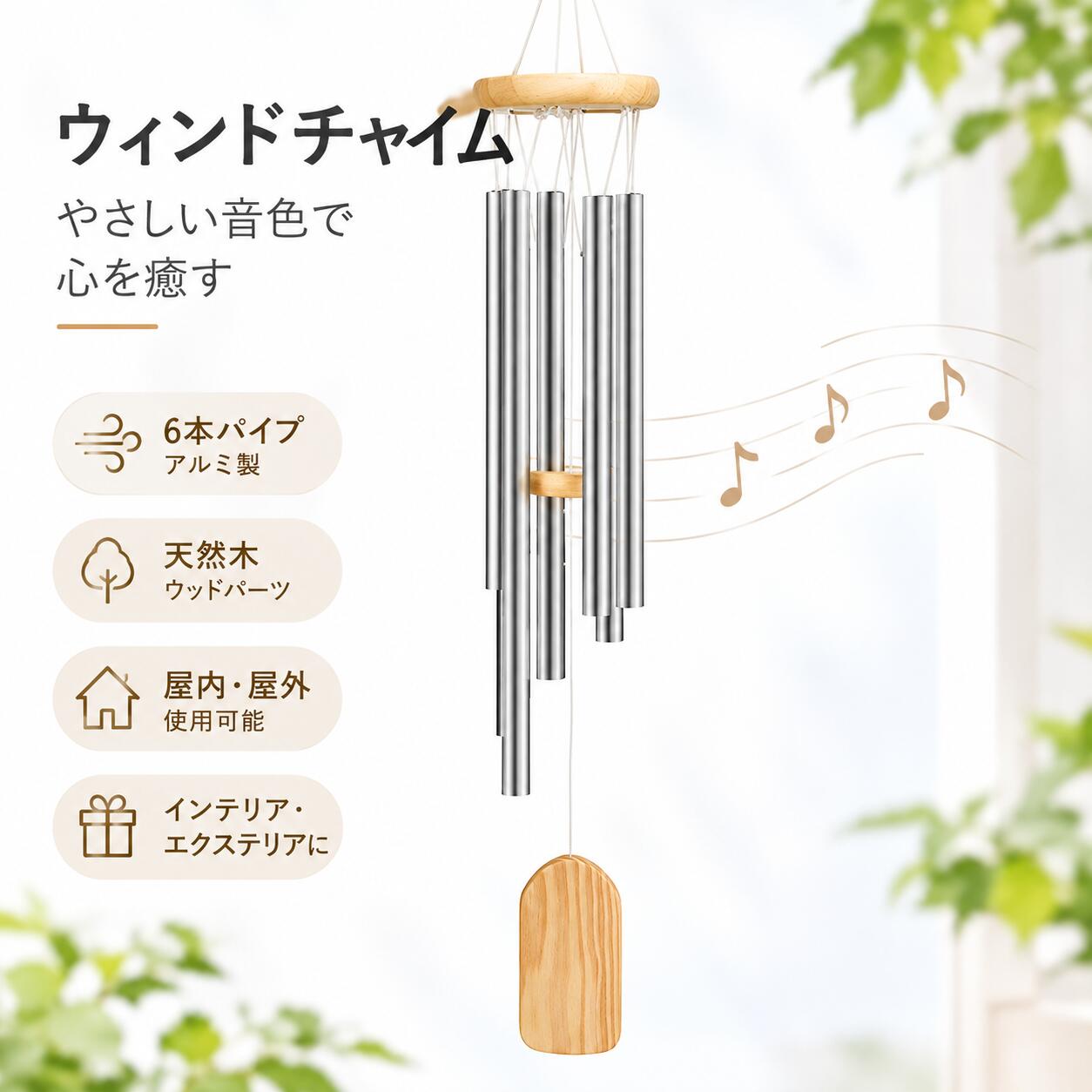 ミニ風鈴 ウィンドチャイム 玄関チャイム 6本パイプ 金属製 風鈴チャイム 吊り下げ式 屋内 屋外 インテリア エクステリア 癒し 開運 装飾