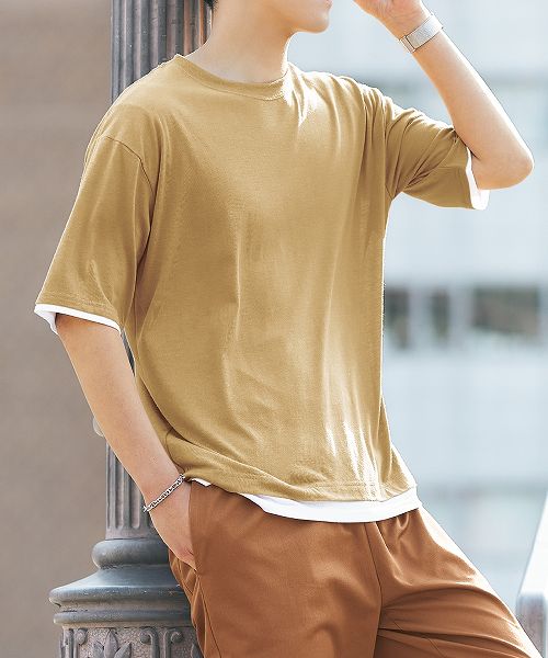 【アウトレット】 吸汗速乾オーバーサイズフェイクレイヤード5分袖Tシャツのサムネイル