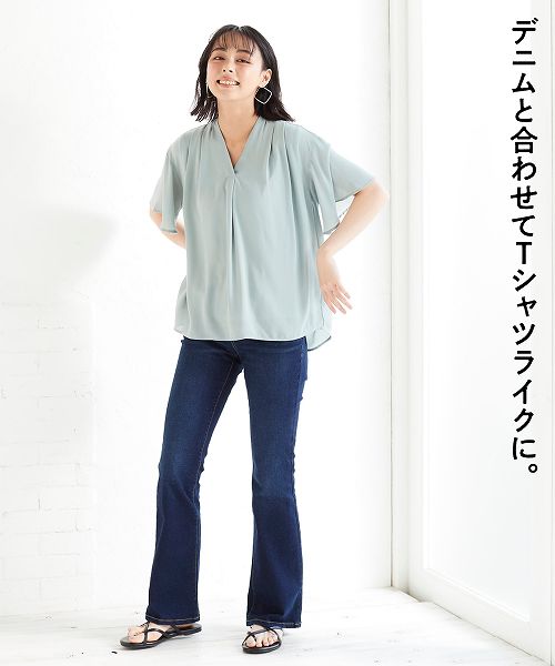 【2月15日11時～16日11時までのタイムSALE】【アウトレット】大きいサイズ 【カットソー裏地付】ジョーゼットスキッパーブラウスのサムネイル