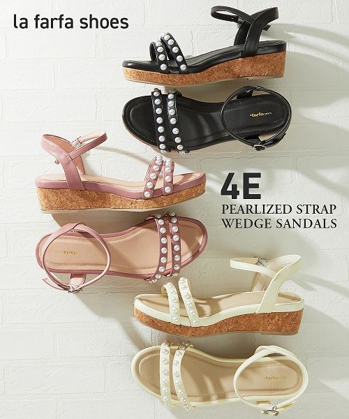【2月28日11時～29日11時までのタイムSALE】【アウトレット】【ゆったり幅広】lafafa shoes（ラファーファ）パール調ストラップウェッジサンダル（ワイズ4E）のサムネイル
