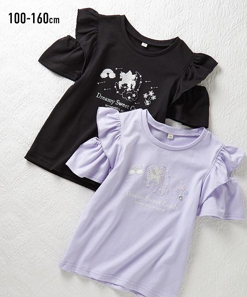 【2月20日11時～21日11時までのタイムSALE】【アウトレット】肩開きTシャツ（女の子　子供服・ジュニア服）のサムネイル