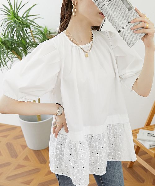 【3月14日11時～15日11時までのタイムSALE】【アウトレット】レース切替パフスリーブブラウスのサムネイル