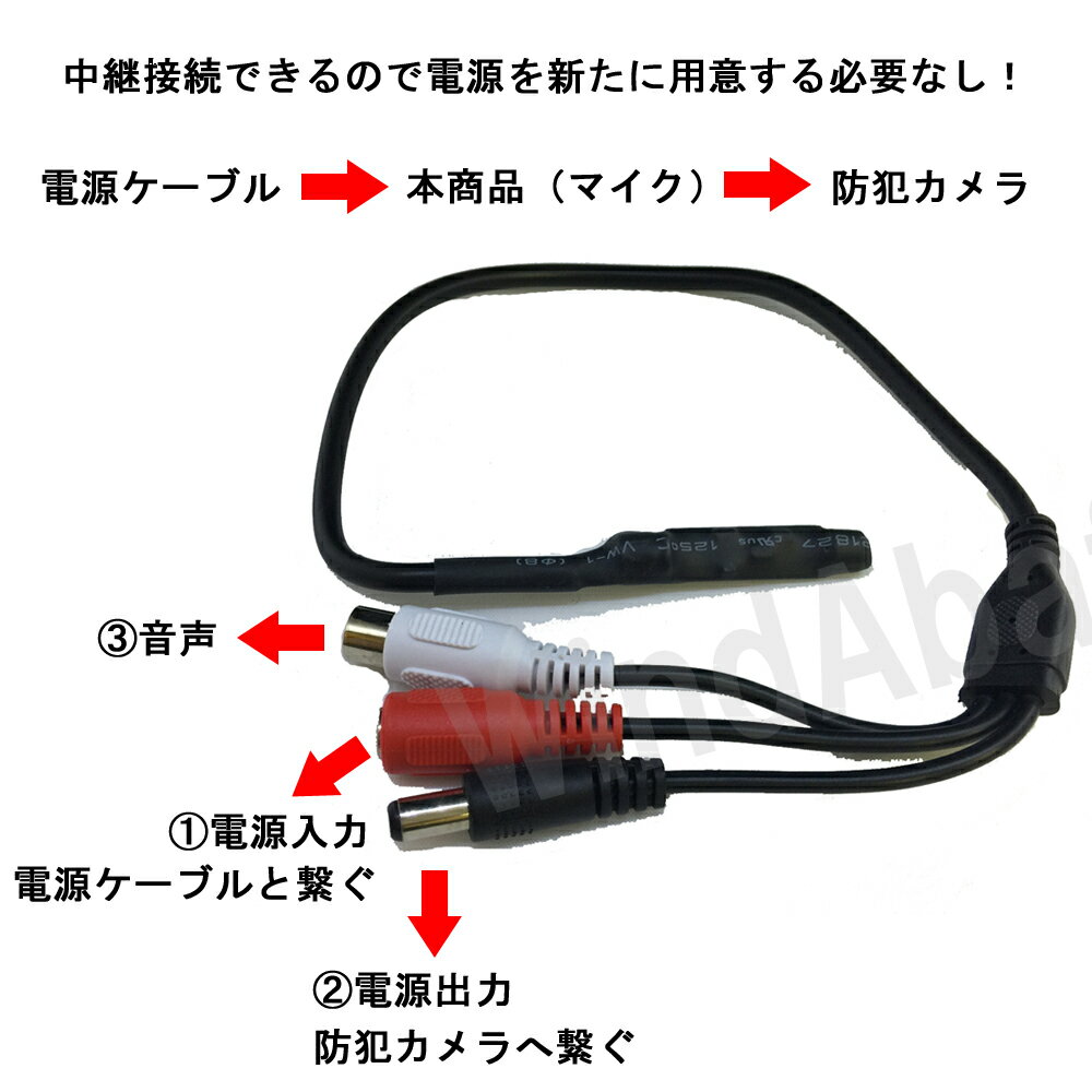 防犯カメラ用 ケーブル型 小型マイク 屋内用 電源スルータイプ 電源2分配ケーブルで既存のカメラと電源ケーブルの間に中継接続可能！ セキュリティカメラシステム用 集音マイク メール便配送OK 防犯カメラ マイク　自力志向