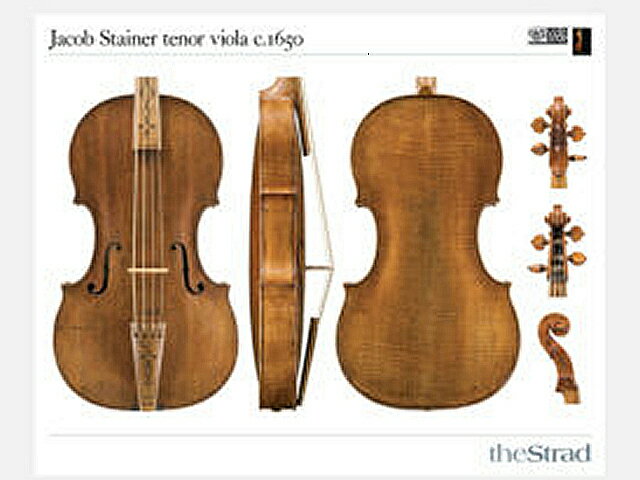 Jacob Stainer tenor viola c. 1650 viola 1650 68cm　X　84cm The only remaining tenor viola made by the Tyrolean maker Jacob Stainer reveals the maker’s painstaking attention to detail and offers tantalising clues about Italian influence on his style. It is in superb condition: the scroll is a replacement but the rest of the instrument ? including, remarkably, the neck and fingerboard ? are believed to be original. The label, which is a facsimile, states that it was made in 1650. Includes measurements ‘The viola’s most striking feature is its size. The body stretches more than 18 arm-aching inches. The neck is relatively short, however. In the 18th century, many tenor violas were cut down to more manageable sizes, though a few were left large. Three of the best examples are the 1690 Antonio Stradivari ‘Medici’, the 1574 Andrea Amati, and this Jacob Stainer’ Darren Freeman in the March 2010 issue *裏面に当楽器の詳細なデータ、graduation map,parts等が掲載。