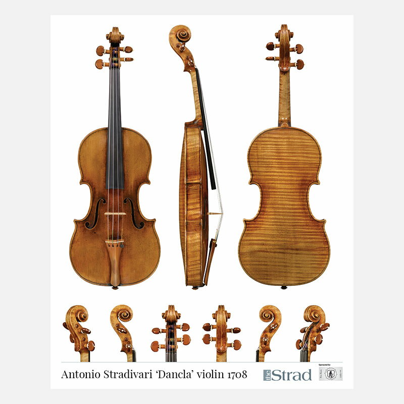 Antonio Stradivari ‘Dancla’ violin 1708 68cm x 84cm *裏面に当楽器の詳細なデータ、graduation map,parts等が掲載。 　The 1708 ‘Dancla’ Stradivari is an exceptional violin from the middle of the maker’s so-called ‘golden period’. It perfectly represents Antonio Stradivari’s later experiments while also embodying some rare characteristics. This poster not only boasts full-length, actual-size photographs by Jan Rohrmann, but also CT scans, thickness and arching maps, and full measurements. ‘The archings are consistent in height and curve in a violin of strong visual impact ? a powerful, bold look for which Stradivari was striving from the turn of the century, especially from 1707’ ? Alberto Giordano in the July 2017 edition of The Strad