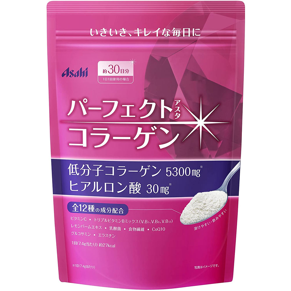 3880円で送料無料！代引き無料！(沖縄・離島は別途送料)サラッと溶けるので、普段の生活にも溶け込みやすいコラーゲンパウダー。 ●サラッと溶けて、おいしく飲める コーヒー、ココア、スープ、ヨーグルトなどにホットでもアイスでもおいしさキープで飲みやすい！ ●12種類の成分配合 低分子コラーゲン5300mg、ヒアルロン酸30m、ビタミンC、トリプルビタミンBミックス(V.B1、V.B6、V.B12)、レモンバームエキス、乳酸菌、食物繊維、CoQ10、グルコサミン、エラスチン 個装サイズ：160X225X40mm 個装重量：約240g 内容量：225g 製造国：日本 【名称】 コラーゲンパウダー 【原材料】 豚コラーゲンペプチド(ゼラチンを含む)(国内製造)、デキストリン、難消化性デキストリン、レモンバームエキス末、殺菌乳酸菌粉末、食用油脂、バラ抽出物末、コエンザイムQ10、豚エラスチンペプチド／V.C、ヒアルロン酸、乳化剤、グルコサミン(えび・かに由来)、香料、V.B1、V.B6、甘味料(アセスルファムK、スクラロース)、V.B12 【栄養成分(1回分：7.4g当たり)】 エネルギー：27kcaL たんぱく質：5.5g 脂質：0.022g 炭水化物：1.5g 糖質：0.87g 食物繊維：0.63g 食塩相当量：0.0003〜0.3g ビタミンB1：0.6mg ビタミンB6：0.5mg ビタミンB12：12.0μg ビタミンC：100mg ★製造時配合 1回分(7.4g)当たり コラーゲン：5300mg レモンバームエキス末：100mg ヒアルロン酸：30mg 殺菌乳酸菌粉末：10mg エラスチン：1mg グルコサミン：10mg CoQ10：2mg 【アレルギー物質】 えび、かに、ゼラチン ※妊娠・授乳中の方、乳幼児・小児は使用をお控えください。 【保存方法】 直射日光・高温多湿をさけ常温で保存してください。 【お召し上がり方】 1回分は7.4g(大さじすり切り1と1／3杯目安)です。1日1〜2回を目安に、お好きな飲み物や食べ物に溶かしてお召し上がりください。溶かした後は、すみやかにお飲みください。 【注意】 ・妊娠・授乳中の方、乳幼児、小児は本品の使用をお控えください。 ・現在治療を受けている方は、医師にご相談ください。 ・食物アレルギーの認められる方は、パッケージの原材料表記をご確認の上ご使用ください。 ・体質や体調によりお腹がゆるくなるなど、身体に合わない場合があります。その場合は使用を中止してください。 ・原料由来の黒い点がみられることがありますが品質には問題ありません。 ・粉末をそのまま口に入れると、むせる場合がありますのでご注意ください。 ・チャックに粉末が付着すると閉めにくくなりますので、粉末を取り除いてから閉めてください。 ・開封後はチャックをしっかりと閉め、直射日光や高温多湿の所をさけて保管の上、なるべく早めにお召し上がりください。 【ケース入数：12】【発売元：アサヒグループ食品】東京都墨田区吾妻橋1-23-1お客様相談室TEL：0120-630611 【賞味期限】別途商品ラベルに記載 ※予告なく成分・パッケージ等が変更になることがございます。予めご了承ください。 【広告文責：株式会社金太郎】 TEL：027-225-7575