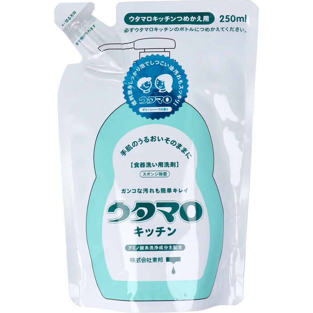 3880円で送料無料！代引き無料！(沖縄・離島は別途送料)手肌にやさしいのにガンコな油汚れもしっかり落とす食器洗い用洗剤。 しつこい油汚れをスッキリ落とすこと、手肌にやさしいこと。この2つを兼ね備えた食器洗い用洗剤です。 コンパクトで便利なポンプタイプで使いやすさにもこだわりました。 ●油汚れに強い ・手肌にやさしいのに、ガンコな油汚れもスッキリ落とします。 ・少ない量でも泡持ちが良く、食器がすべりにくくしっかり洗えます。 また、泡切れも良く素早くすすげます。 ●手肌にやさしい ・主洗浄成分は、手肌と環境にやさしいアミノ酸系洗浄成分。ギトギト油はスッキリ落としても、手肌のうるおいはしっかり守ります。 ●スポンジ除菌ができる ・スポンジを使用後、固く絞り、原液8ml（8プッシュ）をまんべんなく浸透させ、 次回使用時まで置いておけばスポンジ除菌ができます。 ※全ての菌を除菌するわけではありません。 ●詰替用です。 個装サイズ：120X180X65mm 個装重量：約265g 内容量：250mL 製造国：日本 ケースサイズ：38.5X19.5X29cm 【品名】 台所用合成洗剤 【用途】 食器・調理器具用、スポンジ除菌(※全ての菌を除菌するわけではありません。) 【液性】 中性 【成分】 界面活性剤(14％ アルキルベタイン、脂肪酸アルカノールアミド)、安定化剤 【使用量の目安】 ※本品は詰替用です。本体ボトルに詰替の上、ご使用ください。 水1Lに対して、1-3mL(1プッシュ1mL) 【応急処置】 ・目に入った場合は、こすらずにすぐに水でよく洗う。 ・万一飲み込んだ場合は、水を飲ませるなどの処置をする。 ・どちらの場合もすぐに処置したうえ、異常が残る場合は医師に相談する。 【注意事項】 ・用途以外に使わない。 ・すすぎは流水で、食器及び調理用具は5秒以上すすぐ。ため水の場合は水をかえて2回以上すすぐ。 ・乳幼児の手の届くところにおかない。 ・使用後は水で手をよく洗う。 ・荒れ性の方や長時間お使いの場合は、炊事用手袋を使う。 【ケース入数：24】【発売元：株式会社東邦】 ※予告なく成分・パッケージ等が変更になることがございます。予めご了承ください。 【広告文責：株式会社金太郎】 TEL：027-225-7575