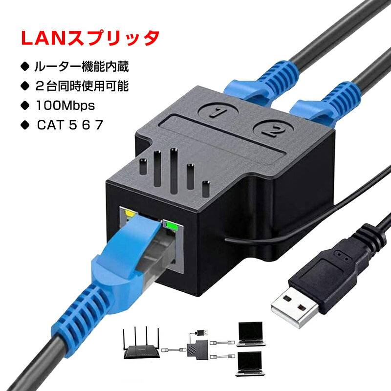 lanハブ2ポート LAN分岐 100Mbps LANポート増設 拡張 アダプター RJ45 ラン中継コネクタ ルーター ネットワークスプリッタアダプタ カテゴリー CAT5 CAT6 CAT7 LANポート数増やす