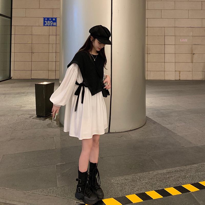 シャツワンピース レディース ベストレイヤード風 おしゃれ 長袖ワンピース 白 アシンメトリー チュニックワンピ きれいめ