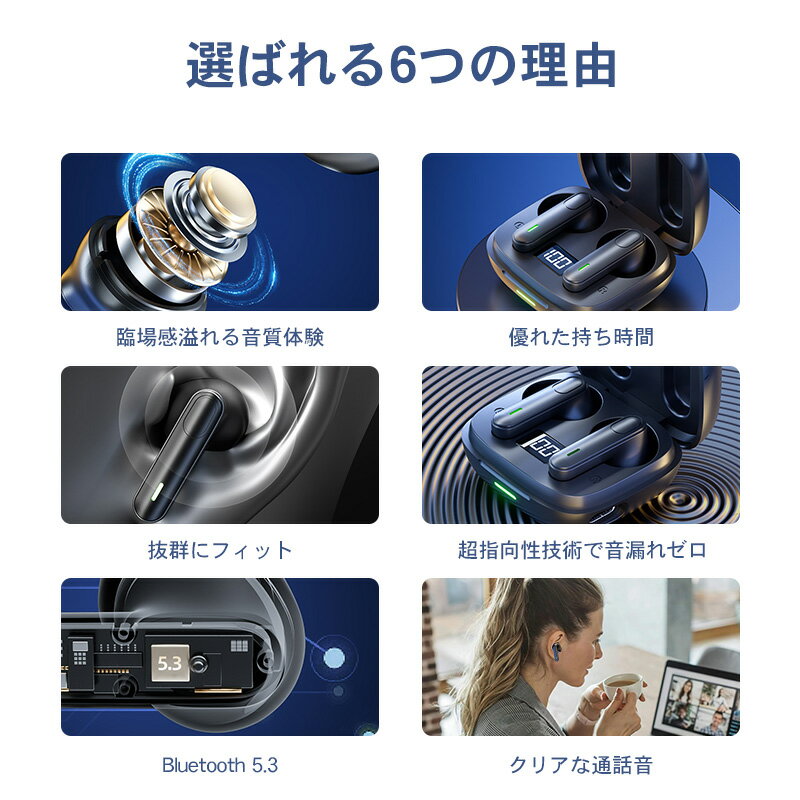 ワイヤレスイヤホン Bluetooth5.3 イヤホン 低遅延 長時間再生 HiFi高音質 Type‐C...