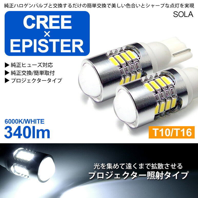 MA26S/MA36S/MA46S ソリオ バンディット含む LED バックランプ T10/T16 ウェッジ 8W CREE×EPISTER プロジェクター発光 6000K/ホワイト/白 2個入り