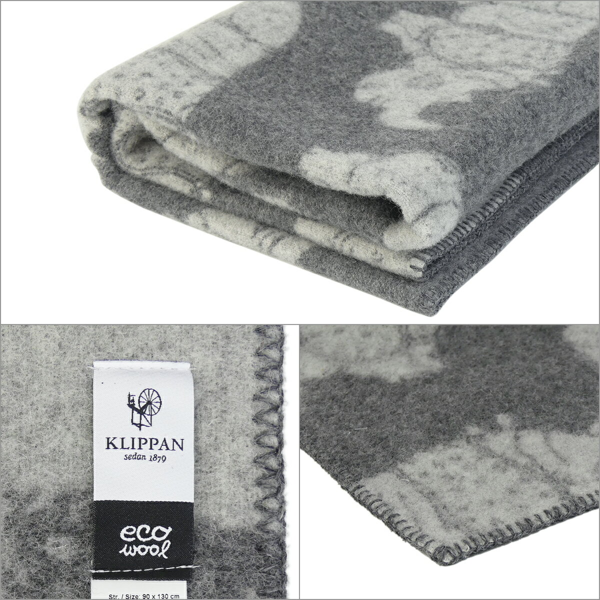 KLIPPAN クリッパン ウールブランケット 90x130 Rhino Grey ハーフブランケット リサラーソン ひざかけ サイ 動物柄 北欧 eco lambs wool blankets ギフト可