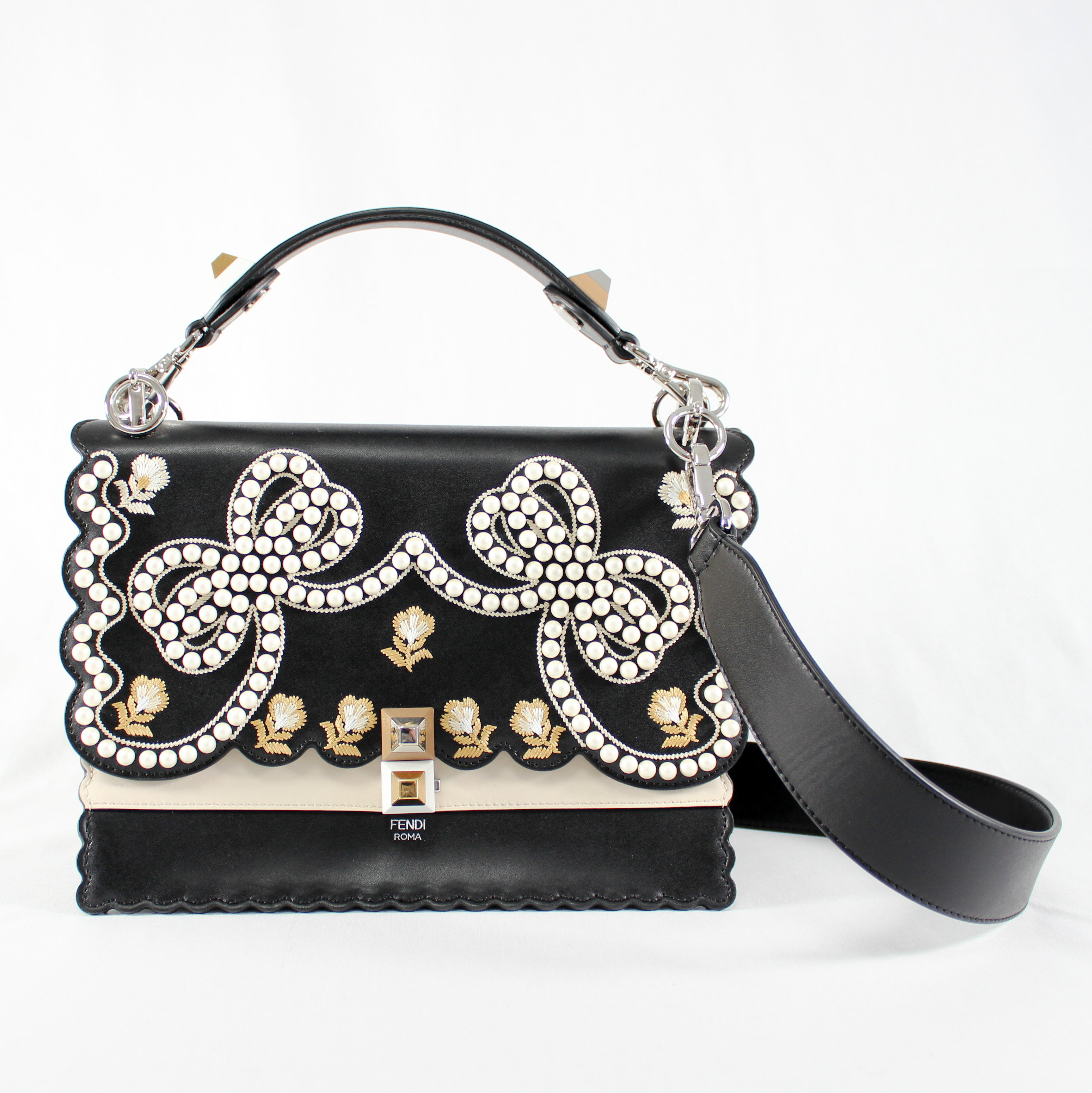 Rakuten - 【中古】 FENDI フェンディ キャナイ ショルダーバッグ 2WAY 8BT283 パール リボンモチーフ ブラック レディース バッグ 極美品