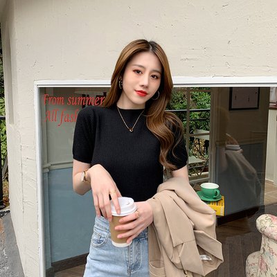 Three-Quarter Knit - トップス ニットソー プルオーバー ミディアム丈 半袖 ハイネック ニット タイト インナー かわいい 大人可愛い きれいめ シンプル 上品 おしゃれ かっこいい レトロ こなれ感 個性的 主役級 存在感 抜け感 オールシーズン キュート クール ナチュラル ベーシック 無地