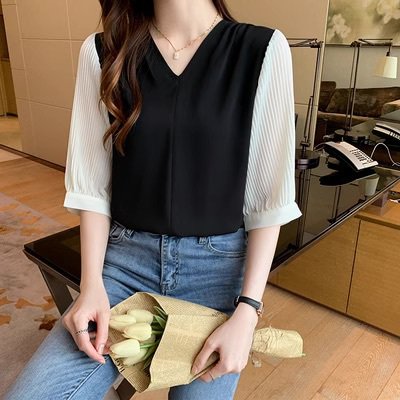 3-Quarter Sleeves - トップス シャツ ブラウス レディース 5分袖 Vネック シフォン 透け感 切り替えデザイン ドッキング かわいい 大人可愛い きれいめ 上品 おしゃれ かっこいい クール 抜け感 ベーシック アクティブ ナチュラル 無地 春 夏 会議 ミーティング オフィス ビジネス OL 通勤