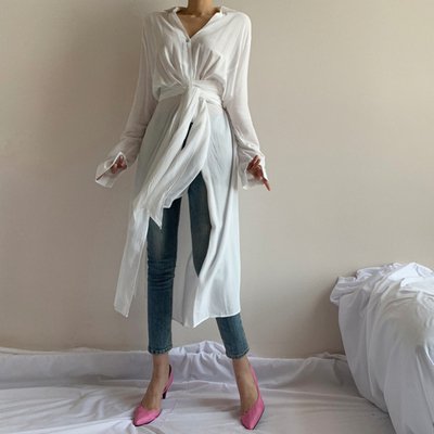 Long-Sleeved - トップス シャツ ロングシャツ 長袖 角襟 前開き ボタン ウエストマーク 薄手 かわいい 大人可愛い きれいめ シンプル 上品 おしゃれ かっこいい レトロ ラフ こなれ感 個性的 主役級 存在感 抜け感 オールシーズン キュート ナチュラル ベーシック クール メンズライク 無地