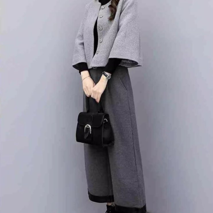 タビマートのジャケット パンツ ボトムス スーツ セットアップ 上着 レディース ウール 羽織 前開き ノーカラージャケット ロングパンツ ワイドパンツ ツーピーストップス ロング 9分丈 7分袖 長袖 襟なし ワイド ふわふわ ふっくら ポケット ハイウエスト ボタン かわいい 大人可愛い｜アングル2