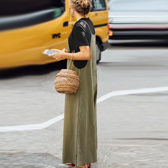 パンツ ボトムス サロペット つなぎ レディース ロングパンツ ワイドパンツ ロング 丈長 袖なし ノースリーブ 襟なし ノーカラー ワイド フレア 裾ワイド ポケット 伸縮性 薄手 かわいい 大人可愛い きれいめ シンプル カジュアル 上品 おしゃれ かっこいい レトロ アジアン