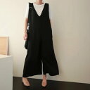 オーバーオール パンツ ボトムス サロペット つなぎ レディース ロングパンツ ワイドパンツ ロング 9分丈 袖なし ノースリーブ Vネック 襟なし ノーカラー ワイド ポケット 伸縮性 薄手 かわいい 大人可愛い きれいめ シンプル カジュアル 上品 おしゃれ かっこいい レトロ