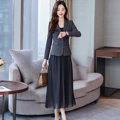 2点セット セットアップ ジャケット ミディアム丈 長袖 襟付き 前開き ボタン ポケット ワンピース プリーツスカート シースルー かわいい 大人可愛い きれいめ シンプル カジュアル 大人 上品 おしゃれ かっこいい レトロ クール モード系 フォーマル 大人女子 こなれ感