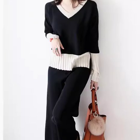 V-Neck - 2点セット トップス パンツ ボトムス ニット セーター プルオーバー セットアップ レディース ロングパンツ ワイドパンツ ツーピーストップス ロング 長袖 Vネック 襟なし ノーカラー ワイド ふわふわ ふっくら ハイウエスト 伸縮性 かわいい 大人可愛い きれいめ シンプル