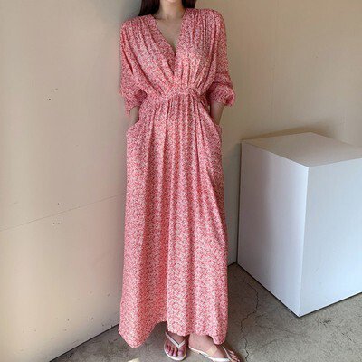 ワンピース ロングワンピース 長袖 Vネック 胸元 ウエストマーク ポケット ロング丈 かわいい 大人可愛い きれいめ シンプル カジュアル 上品 おしゃれ かっこいい 大人女子 こなれ感 個性的 レトロ 主役級 存在感 春 夏 秋 キュート クール ナチュラル ベーシック 小花柄