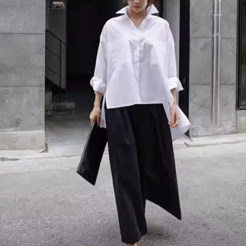 Long-Sleeved - トップス レディース シャツ ブラウス 白シャツ 不規則丈 長袖 Vネック 襟付き フレア アシンメトリー スリット サイドスリット 大人可愛い きれいめ シンプル おしゃれ こなれ感 ラフ ルーズ 個性的 クール モード系 抜け感 フェミニン ベーシック かっこいい 無地 春 夏 秋