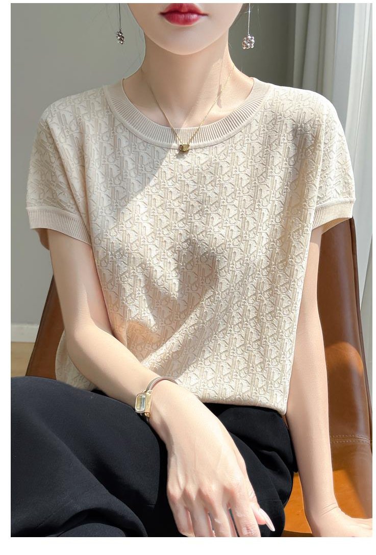 トップス サマーニット 半袖 5分袖 ラウンドネック スリム 薄手 きれいめ シンプル 上品 こなれ感 クー..