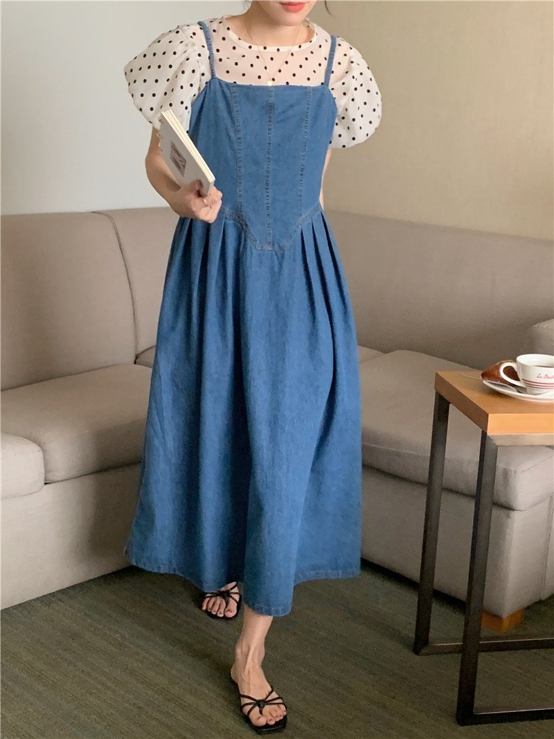 Short Sleeves - レディース スカート デニムスカート ジャンプスーツ 膝下 半袖 ラウンドネック 2way デニム かわいい カジュアル 水玉 春 夏 秋 学生 学校 通学 デート お出かけ 女子会 着回し