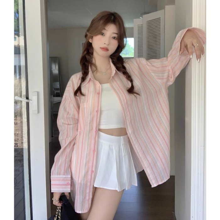 Long-Sleeved - レディース トップス シャツ ロング 長袖 ワイド 前開き ボタン 薄手 カジュアル かっこいい 抜け感 ストライプ ロングシーズン 通勤 通学 デート お出かけ アウトドア 旅行 普段使い 着回し