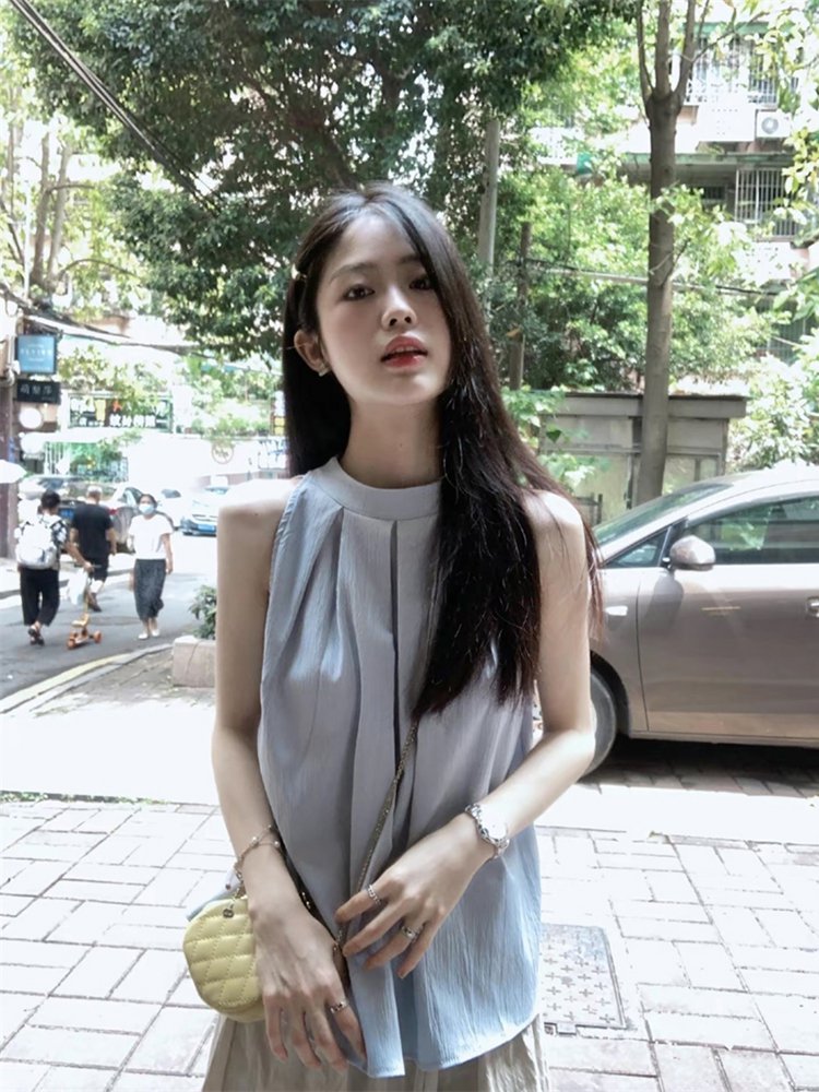 Sleeveless - レディース トップス シャツ ノースリーブ プリーツ 薄手 かわいい 大人可愛い シンプル おしゃれ かっこいい ルーズ 無地 夏 S M L XL 黒 ブラック ブルー