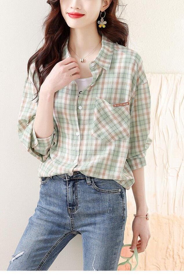 Long-Sleeved - レディース トップス シャツ 長袖 ポロカラー ストレート ポケット 前開き 綿 きれいめ 上品 かっこいい ラフ チェック ロングシーズン 通学 お出かけ アウトドア 旅行 休日 普段使い 着回し 定番