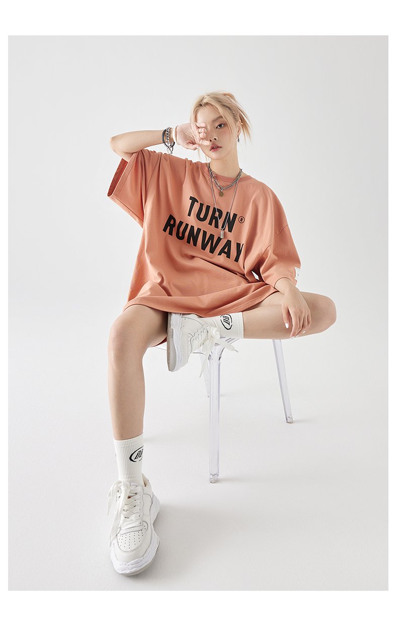 レディース トップス チュニック 5分袖 クルーネック ワイド かわいい シンプル カジュアル おしゃれ こなれ感 ラフ プリント 夏 楽ちん S M L ホワイト カーキ ピンク