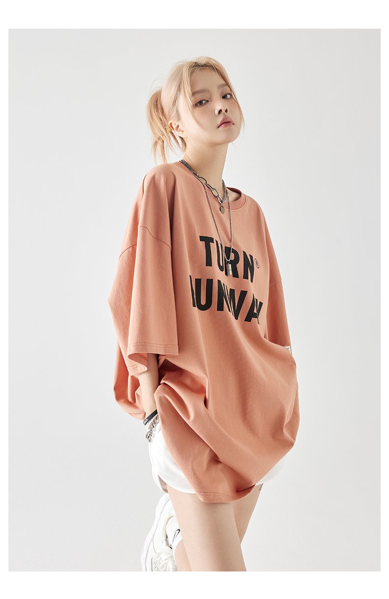 レディース トップス チュニック 5分袖 クルーネック ワイド かわいい シンプル カジュアル おしゃれ こなれ感 ラフ プリント 夏 楽ちん S M L ホワイト カーキ ピンク