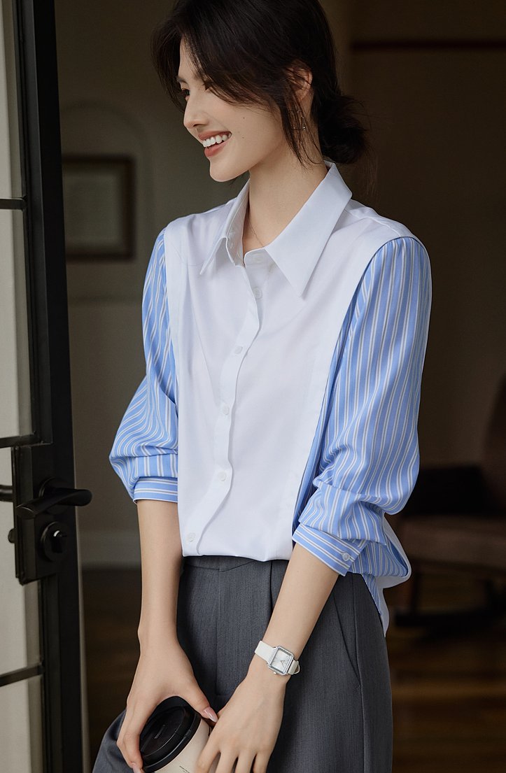 Long-Sleeved - レディース トップス シャツ 長袖 襟付き ストレート 薄手 きれいめ 上品 おしゃれ 個性的 ストライプ ロングシーズン オフィス 通勤 デート お出かけ 普段使い 清楚 ホワイト ブルー