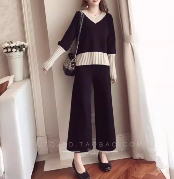 トップス パンツ ボトムス ニット セーター ワイドパンツ ロング アンクル丈 長袖 Vネック フェミニン リブ バイカラー 配色 綿 コットン 大人可愛い きれいめ シンプル カジュアル 上品 おしゃれ レトロ クール ナチュラル 無地 春 秋 ママ OL 通勤 学生 デート お出かけ