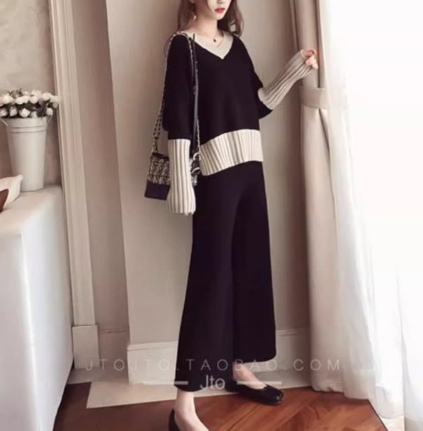 トップス パンツ ボトムス ニット セーター ワイドパンツ ロング アンクル丈 長袖 Vネック フェミニン リブ バイカラー 配色 綿 コットン 大人可愛い きれいめ シンプル カジュアル 上品 おしゃれ レトロ クール ナチュラル 無地 春 秋 ママ OL 通勤 学生 デート お出かけ