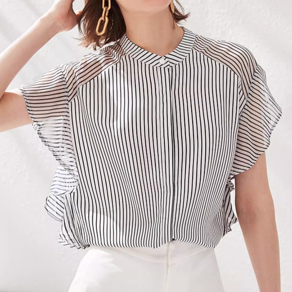 Short Sleeves - トップス シャツ ブラウス レディース 半袖 フレアスリーブ フェミニン 透け感 シースルー かわいい 大人可愛い シンプル カジュアル おしゃれ レトロ こなれ感 ガーリー ラブリー キュート アクティブ ロマンティック ストライプ 総柄 夏 デート お出かけ リゾート 旅行