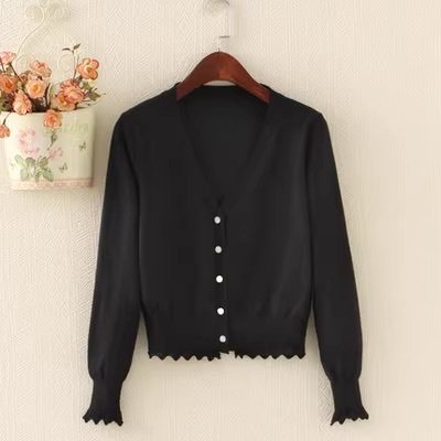 Nylon, Rayon, Polyester - トップス カーディガン アウター 上着 レディース 長袖 Vネック フリル ウエストマーク ハイウエスト 前開き かわいい 大人可愛い シンプル 上品 おしゃれ レトロ こなれ感 ガーリー ラブリー キュート ベーシック ロマンティック ナチュラル 無地 春 夏 秋 お出かけ 旅行