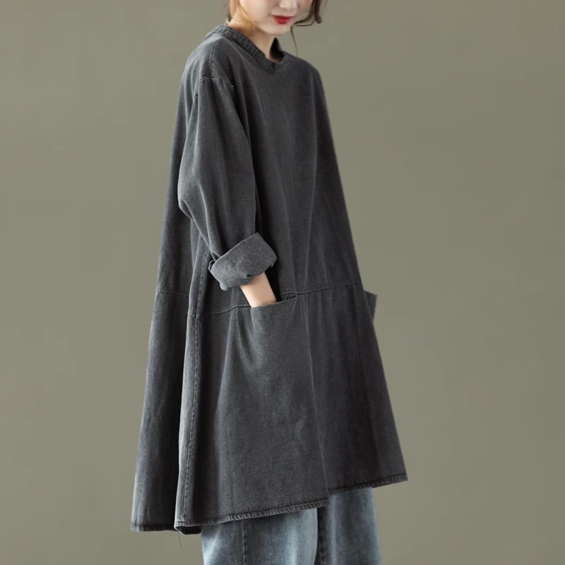 トップス チュニック レディース 長袖 ラウンドネック Aライン フェミニン ポケット かわいい 大人可愛い きれいめ シンプル カジュアル おしゃれ レトロ こなれ感 ラフ ルーズ 抜け感 キュート カントリー ナチュラル 無地 春 秋 デート お出かけ リゾート 旅行 公園 女子会