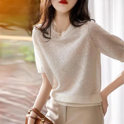 トップス カットソー プルオーバー レディース 半袖 ラウンドネック 透け感 シースルー 薄手 ニット かわいい 大人可愛い きれいめ シンプル カジュアル 上品 おしゃれ ガーリー エレガント ラブリー キュート ナチュラル 総柄 夏 授業参観 会議 ママ OL 通勤 お出かけ
