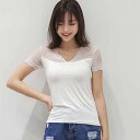 トップス カットソー レディース 半袖 Vネック タイト スリム 細身 フェミニン レース 透け感 シースルー 切り替えデザイン ドッキング 薄手 かわいい 大人可愛い きれいめ シンプル 上品 おしゃれ ガーリー クール エレガント キュート ベーシック アクティブ(4)