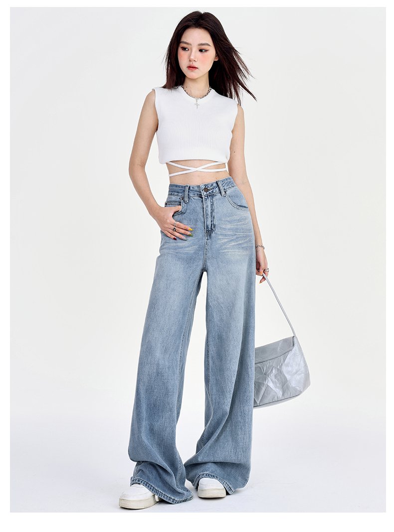Straight Jeans - レディース パンツ ボトムス デニムパンツ フルレングス ワイド ストレート ハイウエスト ヴィンテージ デニム カジュアル おしゃれ かっこいい 無地 XS S M L XL グレー ブルー
