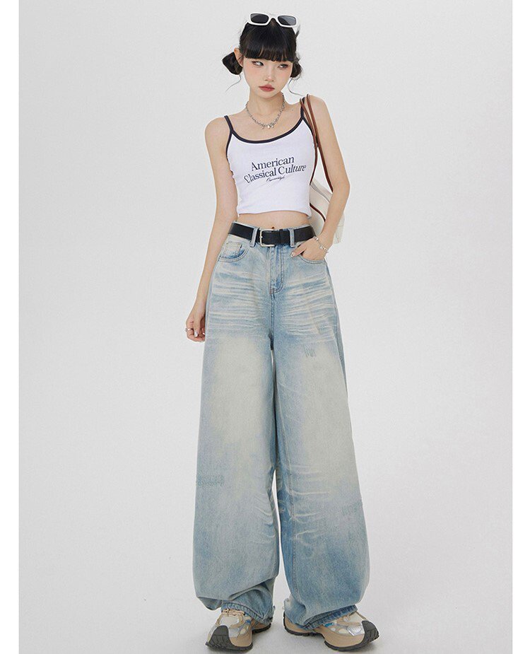 Straight Jeans - レディース パンツ ボトムス デニムパンツ フルレングス ワイド ストレート ハイウエスト アメカジ ダメージ シンプル カジュアル おしゃれ かっこいい 無地 XS S M L XL ブルー