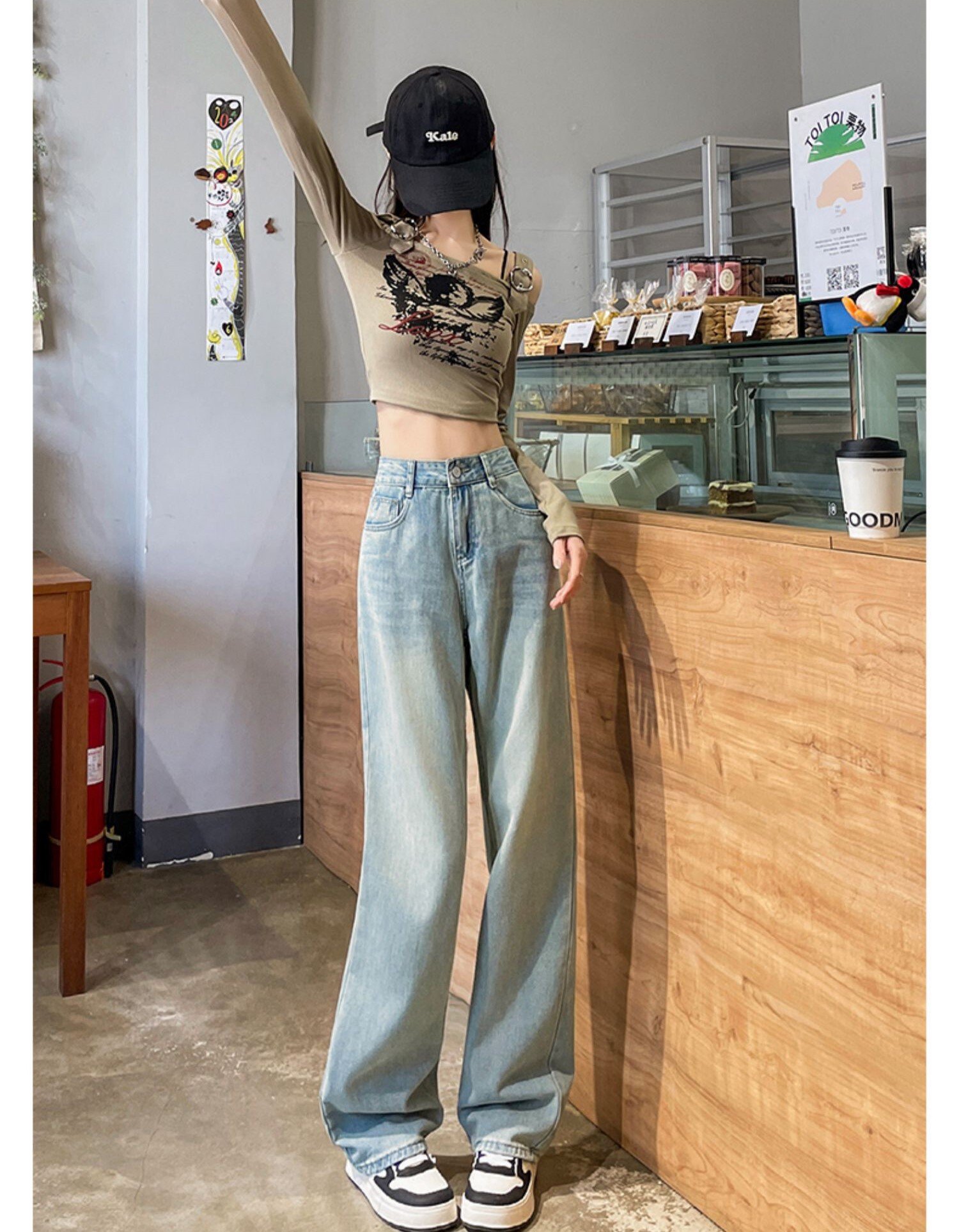 Other - レディース パンツ ボトムス デニムパンツ フルレングス ワイド ストレート ハイウエスト アメカジ シンプル カジュアル おしゃれ かっこいい ワッペン 無地 S M L XL 2XL ブルー