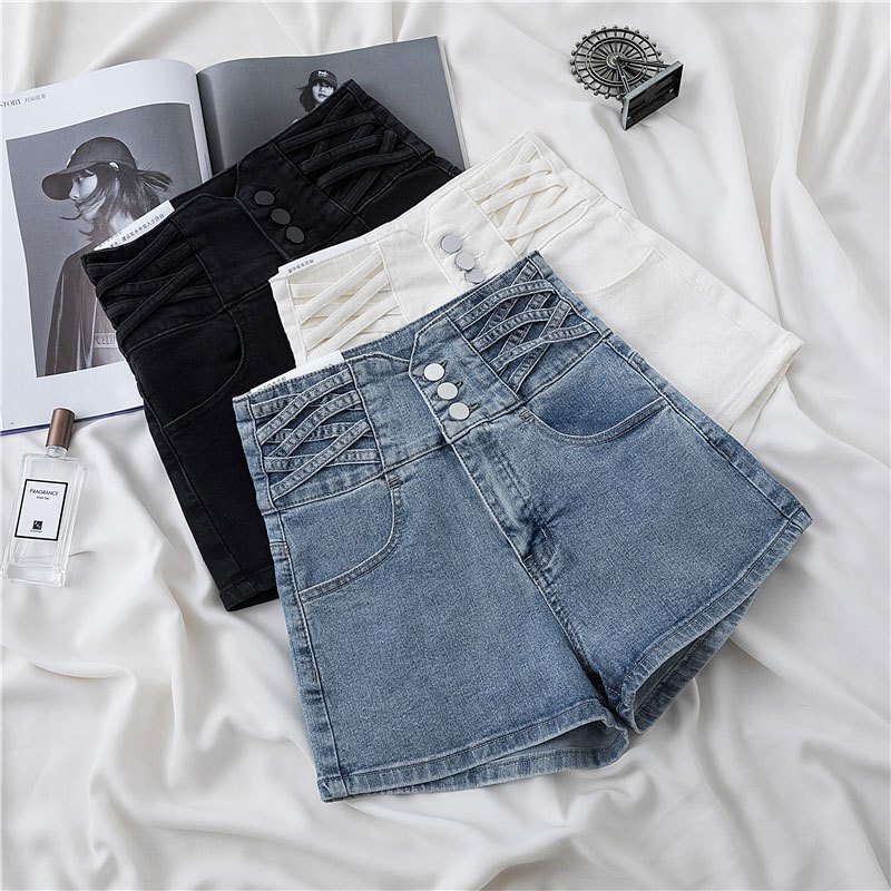 Short Pants - レディース ボトムス デニム ショートパンツ ストレート Aライン ハイウエスト 編み上げ ボタン かわいい カジュアル おしゃれ ラフ 春 夏 学生 学校 通学 部活 お出かけ キャンプ 旅行 海 ビーチ 休日 ショッピング 美脚 脚長 着回し