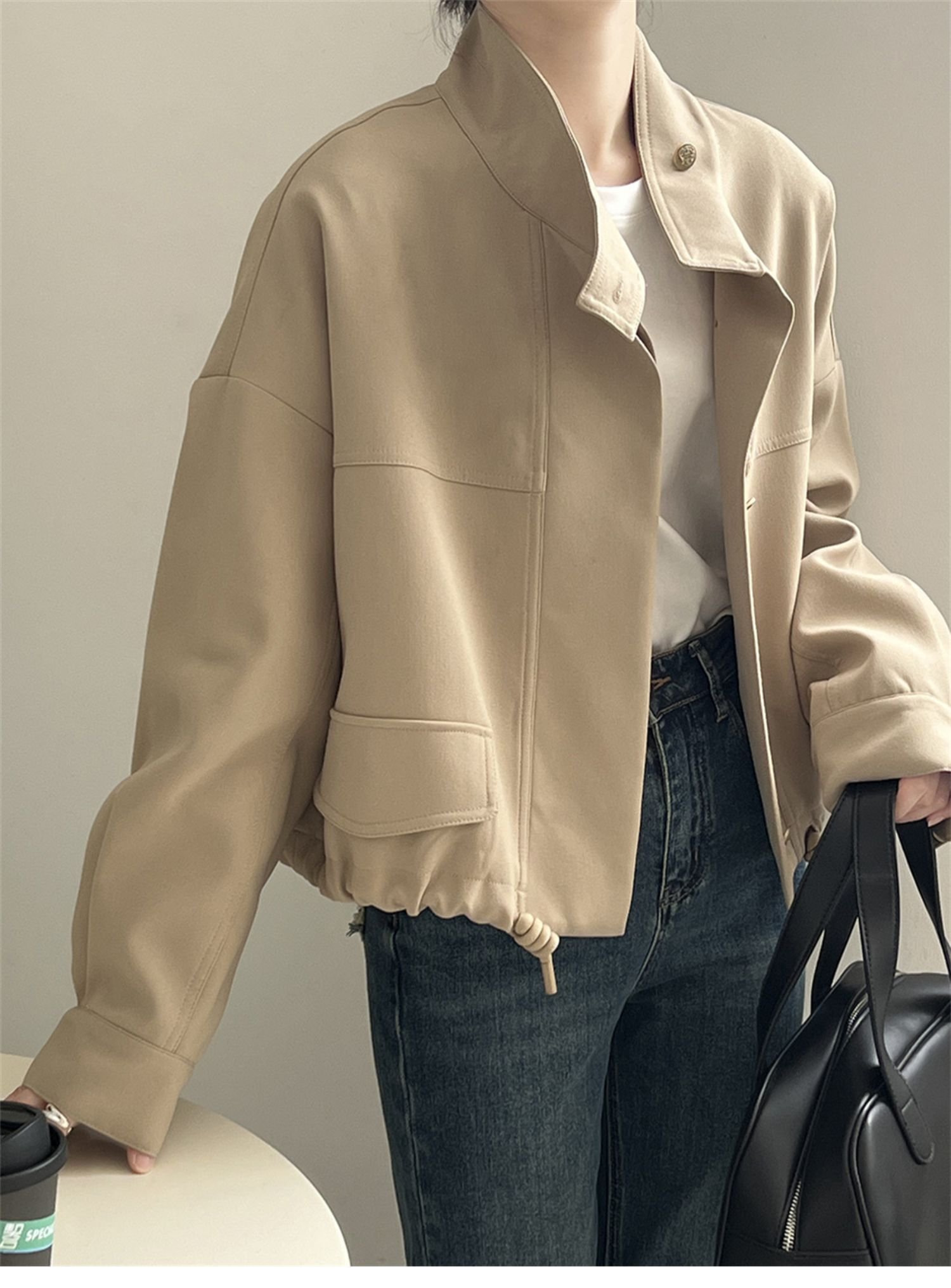 Coat - レディース トップス ジャケット ブルゾン ボンバージャケット ショート アメカジ ドローコード かわいい カジュアル おしゃれ かっこいい こなれ感 アメリカン 秋 冬 ブラック カーキ